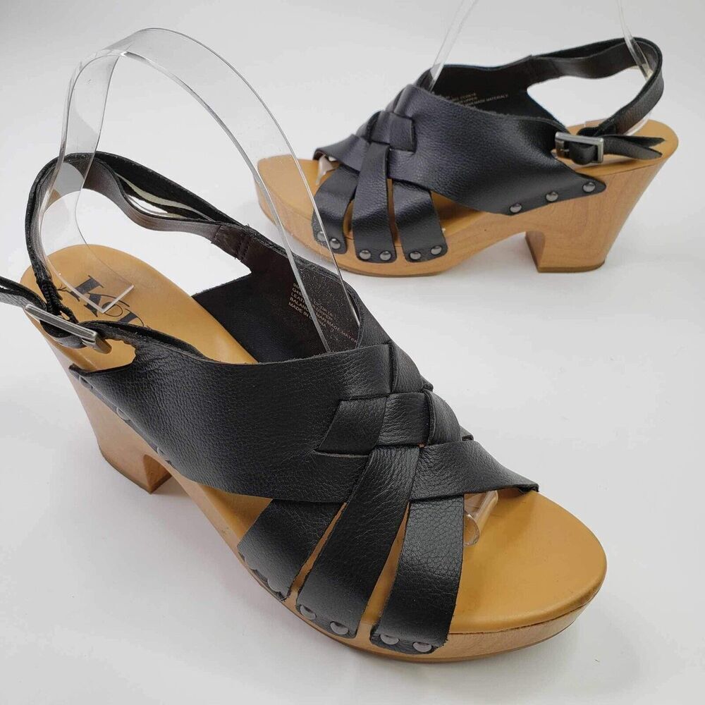 Kork-Ease Black Leather Mules with Tan Wooden Heel